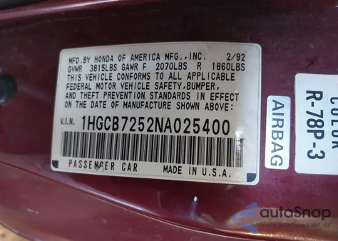 1992 Honda Accord Lx from USA, damaged, VIN 1HGCB7252NA025400